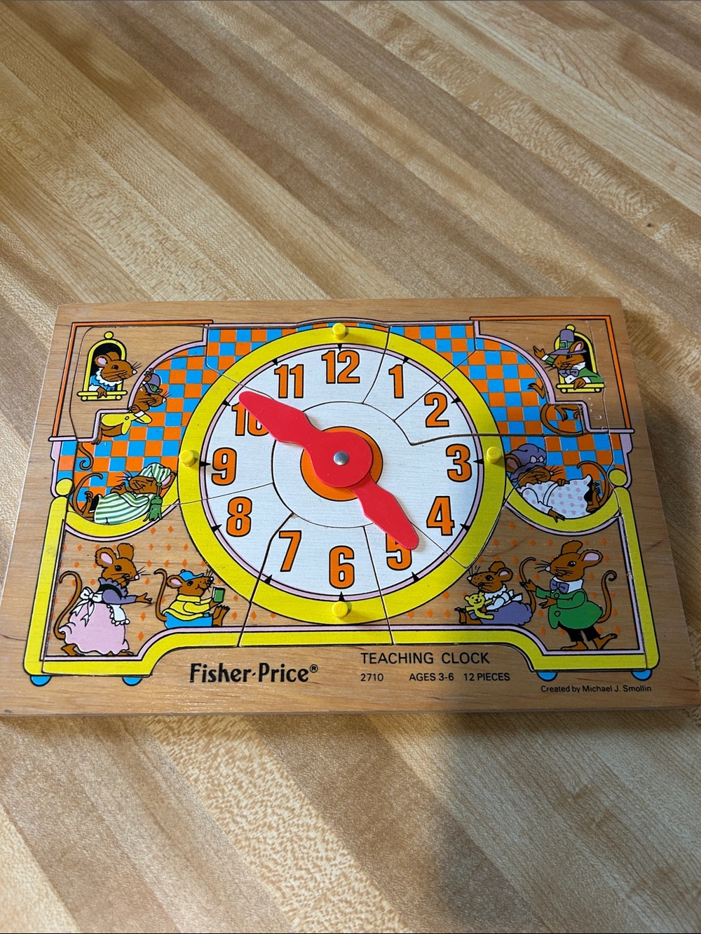 Fisher-Price Wooden Teaching Clock Puzzle - Yellow, Red, Orange, Blue
